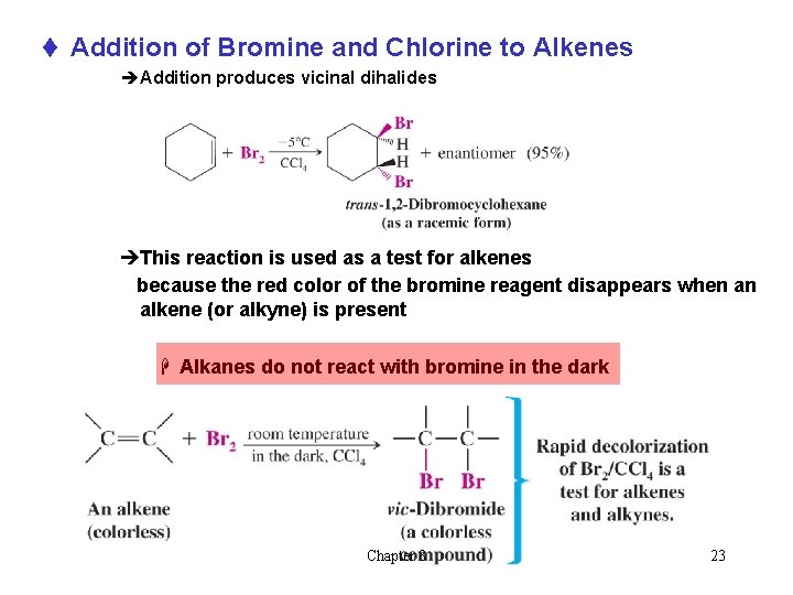 t Addition of Bromine and Chlorine to Alkenes èAddition produces vicinal dihalides èThis reaction