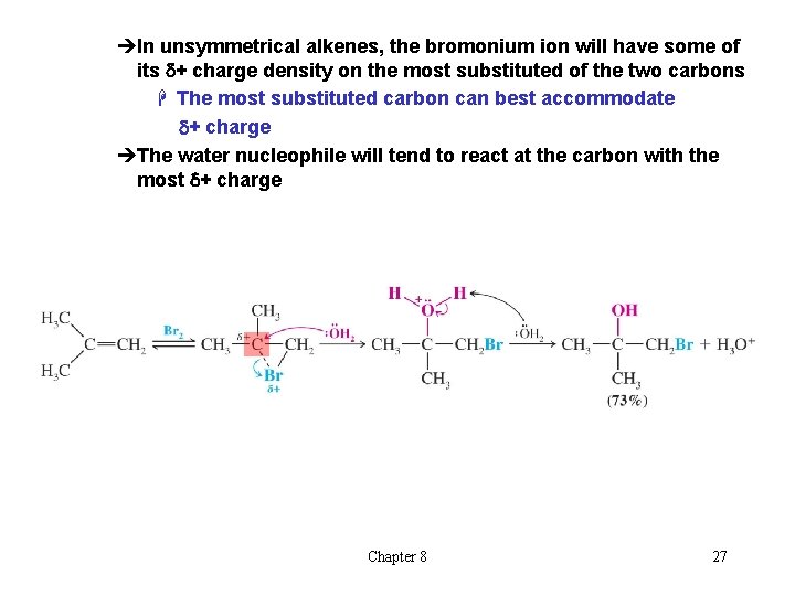 èIn unsymmetrical alkenes, the bromonium ion will have some of its d+ charge density