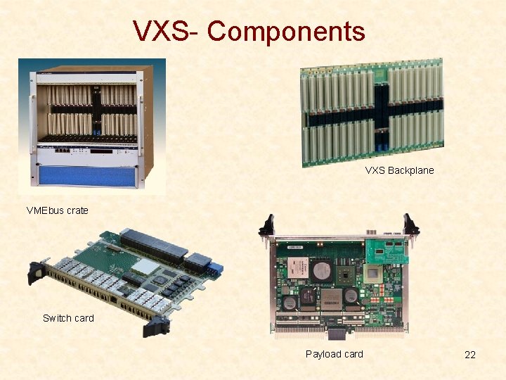 VXS- Components VXS Backplane VMEbus crate Switch card Payload card 22 VXS- Components VXS Backplane VMEbus crate Switch card Payload card 22