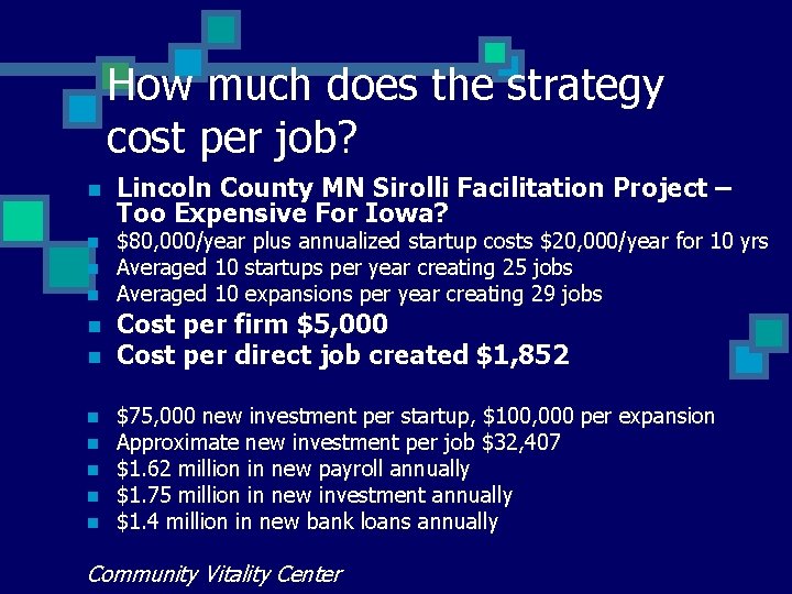 How much does the strategy cost per job? n n n Lincoln County MN