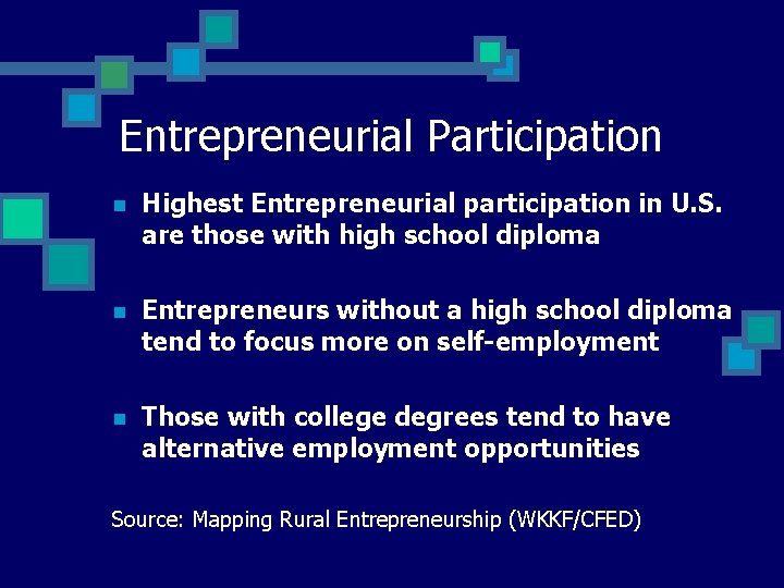 Entrepreneurial Participation n Highest Entrepreneurial participation in U. S. are those with high school