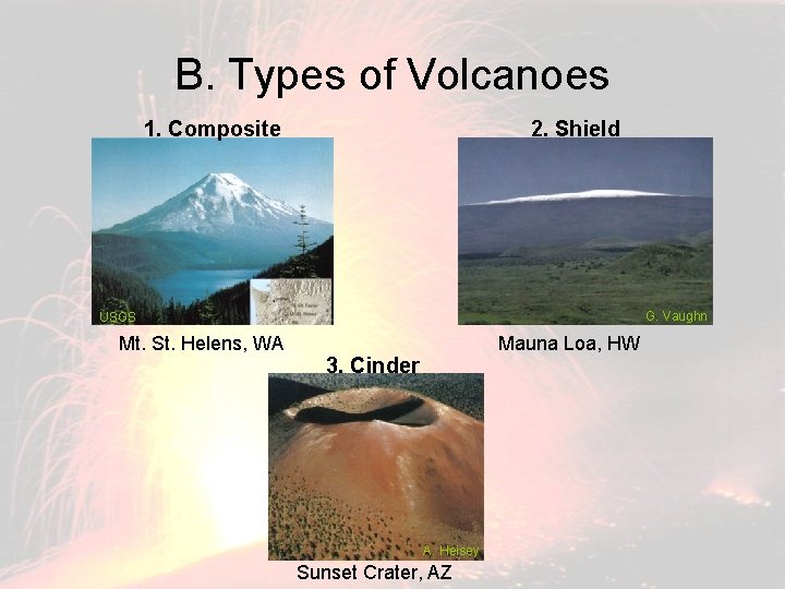 B. Types of Volcanoes 1. Composite 2. Shield G. Vaughn USGS Mt. St. Helens,