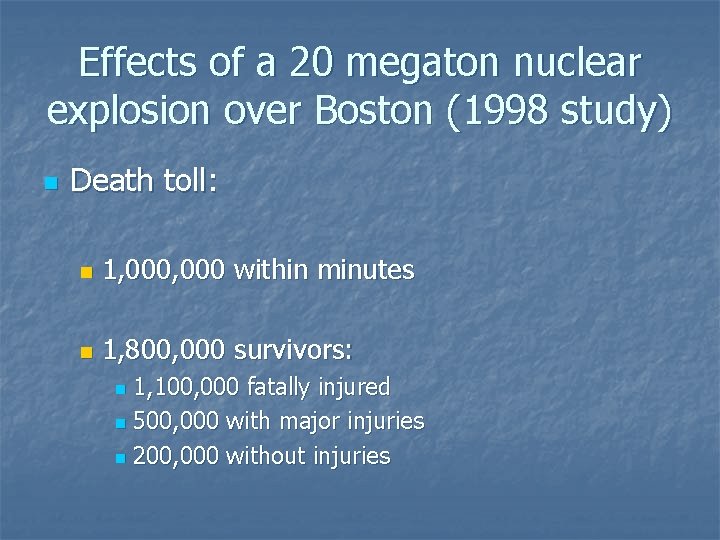 Effects of a 20 megaton nuclear explosion over Boston (1998 study) n Death toll: