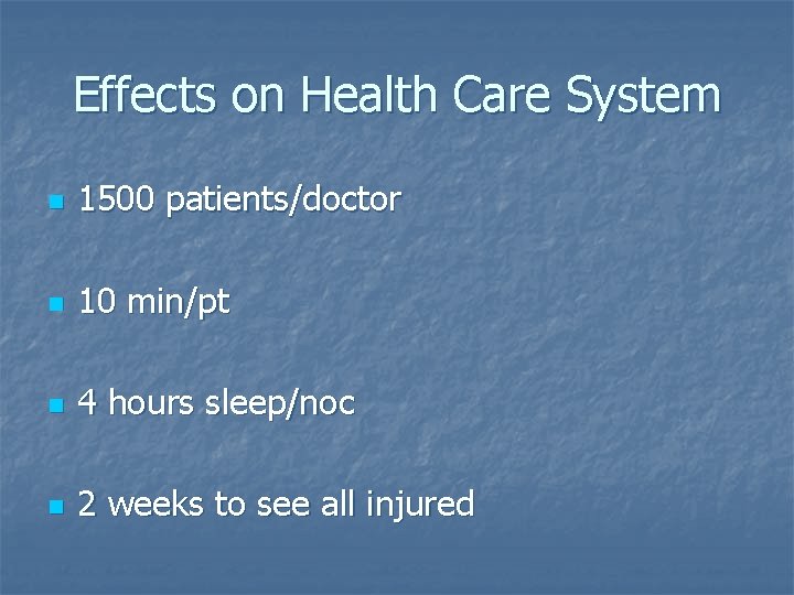 Effects on Health Care System n 1500 patients/doctor n 10 min/pt n 4 hours