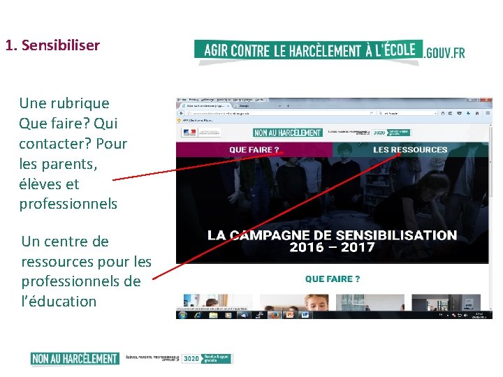 1. Sensibiliser Une rubrique Que faire? Qui contacter? Pour les parents, élèves et professionnels