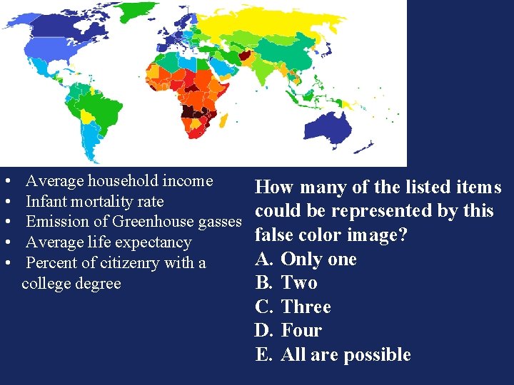  • • • Average household income Infant mortality rate Emission of Greenhouse gasses