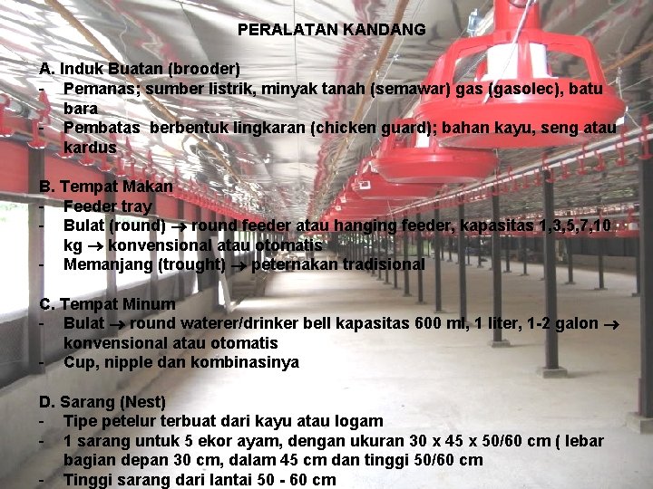 PERALATAN KANDANG A. Induk Buatan (brooder) - Pemanas; sumber listrik, minyak tanah (semawar) gas PERALATAN KANDANG A. Induk Buatan (brooder) - Pemanas; sumber listrik, minyak tanah (semawar) gas