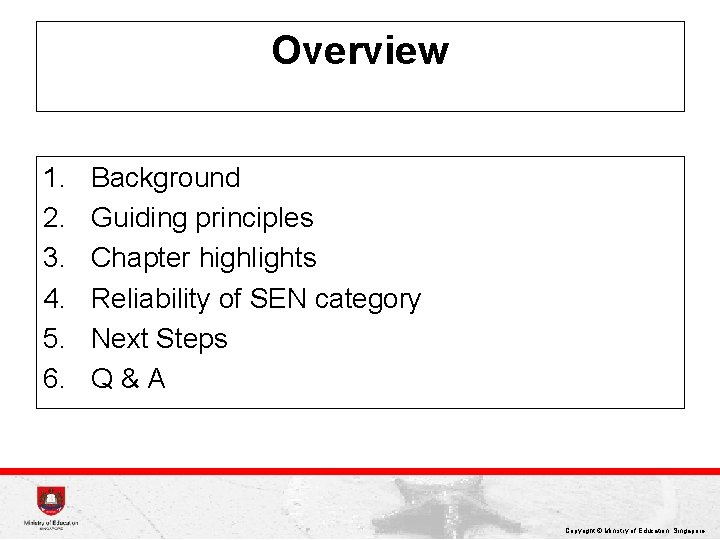 Overview 1. 2. 3. 4. 5. 6. Background Guiding principles Chapter highlights Reliability of