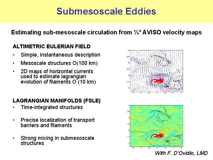 Submesoscale Eddies Estimating sub-mesoscale circulation from ¼° AVISO velocity maps ALTIMETRIC EULERIAN FIELD • Submesoscale Eddies Estimating sub-mesoscale circulation from ¼° AVISO velocity maps ALTIMETRIC EULERIAN FIELD •