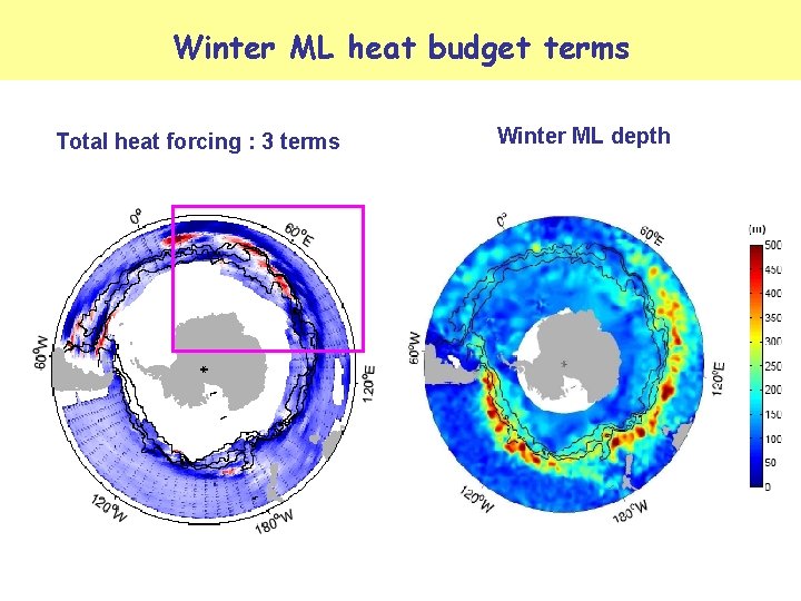 Winter ML heat budget terms Total heat forcing : 3 terms Winter ML depth Winter ML heat budget terms Total heat forcing : 3 terms Winter ML depth