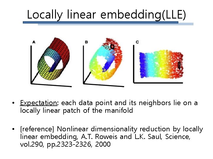 Locally linear embedding(LLE) • Expectation: each data point and its neighbors lie on a