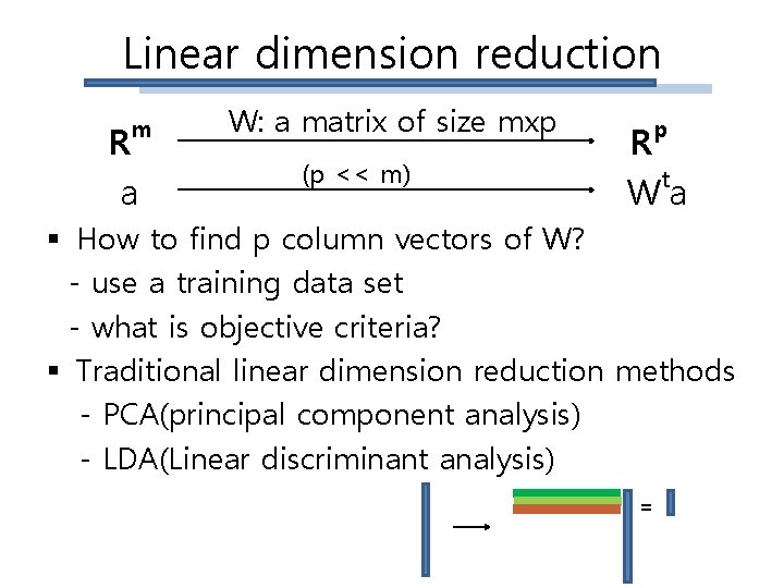 Linear dimension reduction m R a W: a matrix of size mxp (p <<