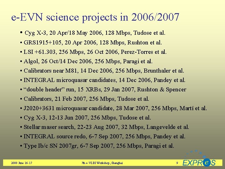 e-EVN science projects in 2006/2007 • Cyg X-3, 20 Apr/18 May 2006, 128 Mbps,