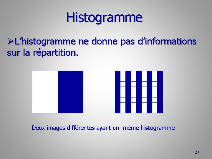 Histogramme ØL’histogramme ne donne pas d’informations sur la répartition. Deux images différentes ayant un