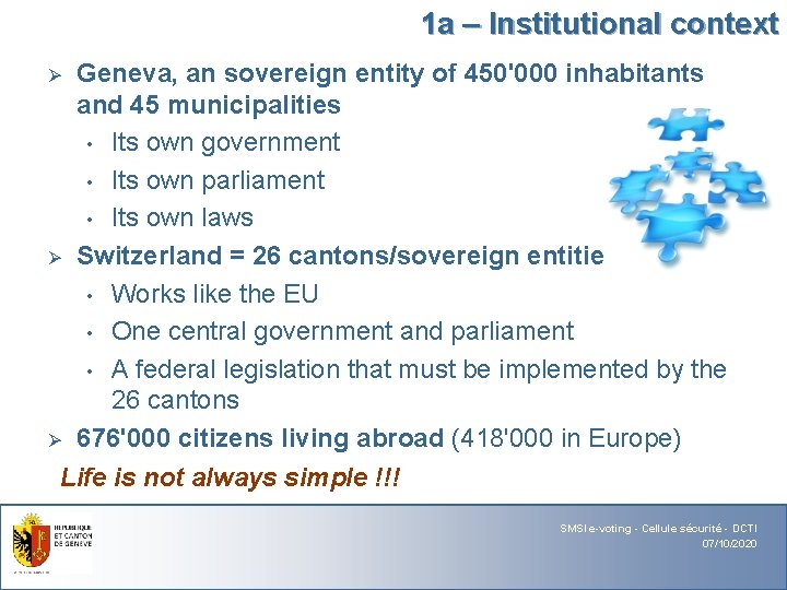 1 a – Institutional context Geneva, an sovereign entity of 450'000 inhabitants and 45