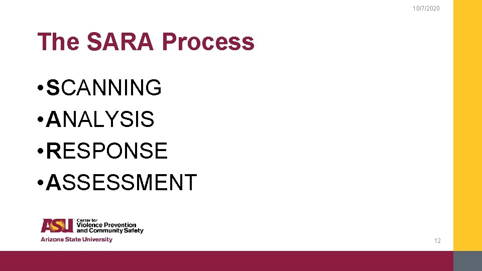 10/7/2020 The SARA Process • SCANNING • ANALYSIS • RESPONSE • ASSESSMENT 12 