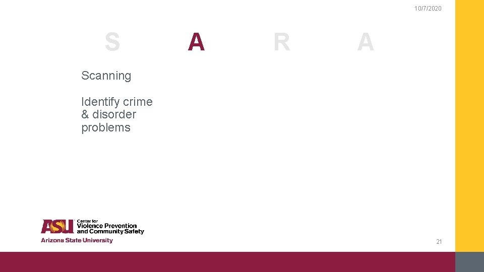 10/7/2020 S A R A Scanning Identify crime & disorder problems 21 