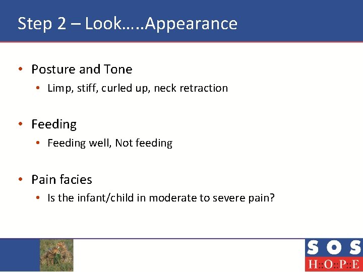 Step 2 – Look…. . Appearance • Posture and Tone • Limp, stiff, curled