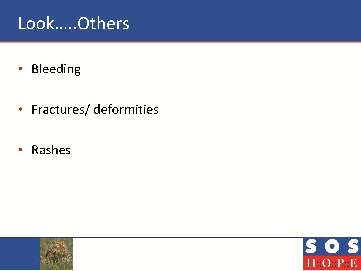 Look…. . Others • Bleeding • Fractures/ deformities • Rashes 