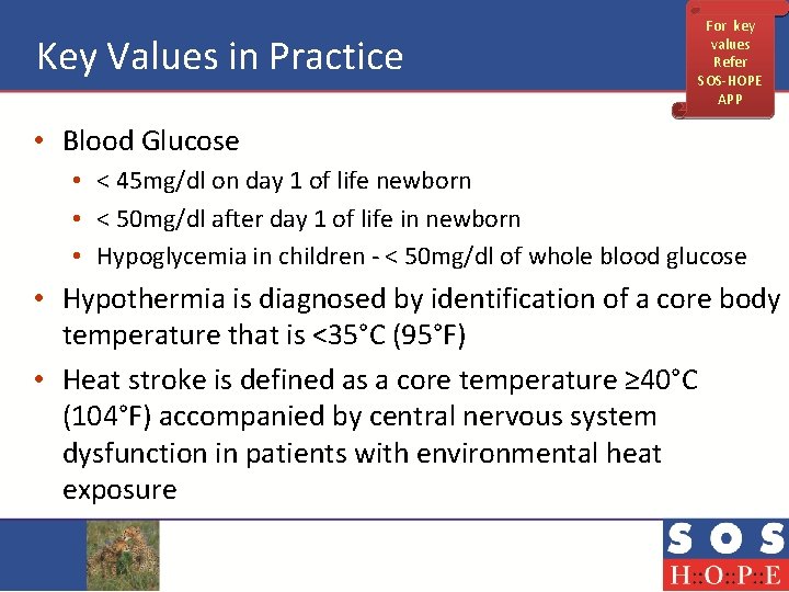 Key Values in Practice For key values Refer SOS-HOPE APP • Blood Glucose •