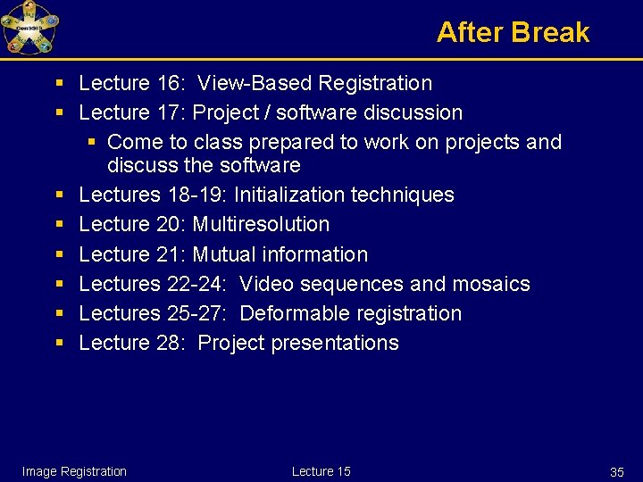 After Break § Lecture 16: View-Based Registration § Lecture 17: Project / software discussion