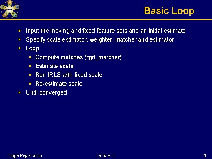 Basic Loop § Input the moving and fixed feature sets and an initial estimate