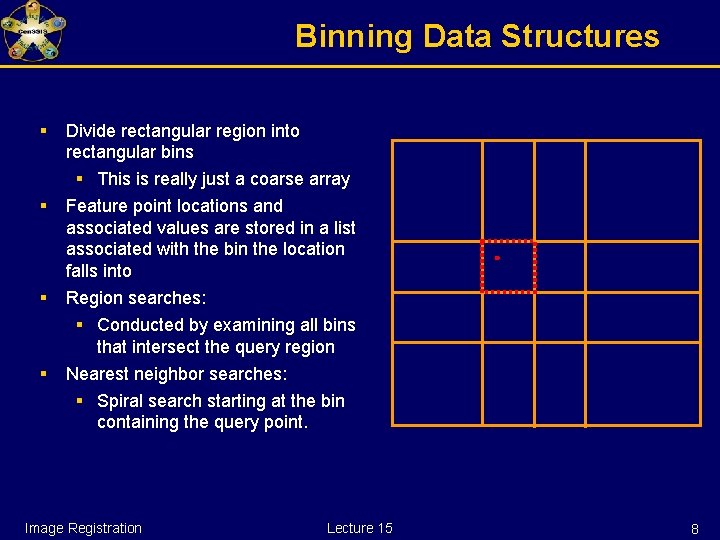 Binning Data Structures § Divide rectangular region into rectangular bins § This is really