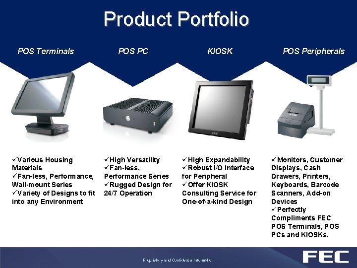 Product Portfolio POS Terminals POS Terminal ØFan-less ØPerformance üVarious Housing Materials ØWall-mount POS PC