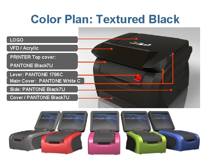 Color Plan: Textured Black LOGO VFD / Acrylic PRINTER Top cover: PANTONE Black 7