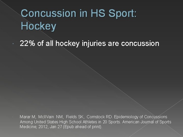 Concussion in HS Sport: Hockey 22% of all hockey injuries are concussion Marar M,