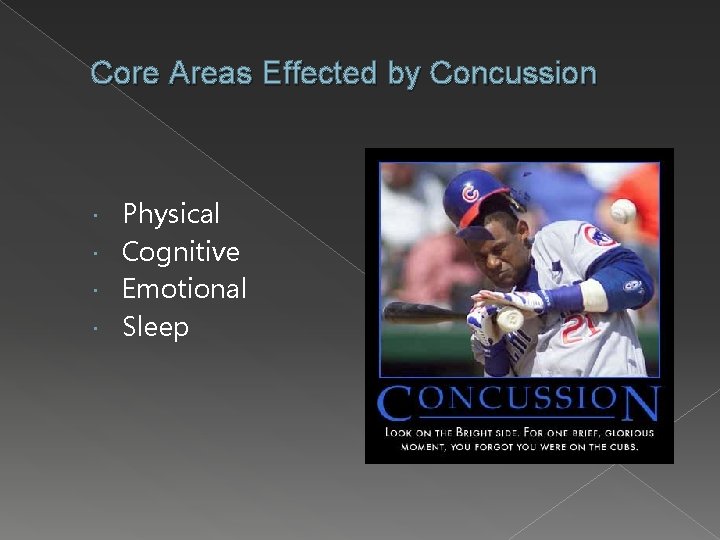 Core Areas Effected by Concussion Physical Cognitive Emotional Sleep 
