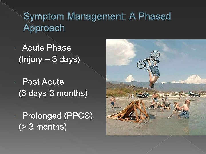 Symptom Management: A Phased Approach Acute Phase (Injury – 3 days) Post Acute (3