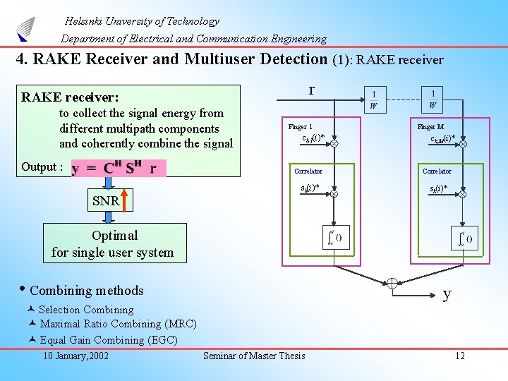 Helsinki University of Technology Department of Electrical and Communication Engineering 4. RAKE Receiver and