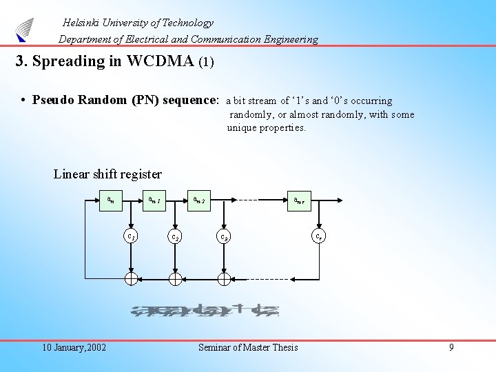 Helsinki University of Technology Department of Electrical and Communication Engineering 3. Spreading in WCDMA