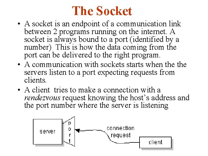 The Socket • A socket is an endpoint of a communication link between 2