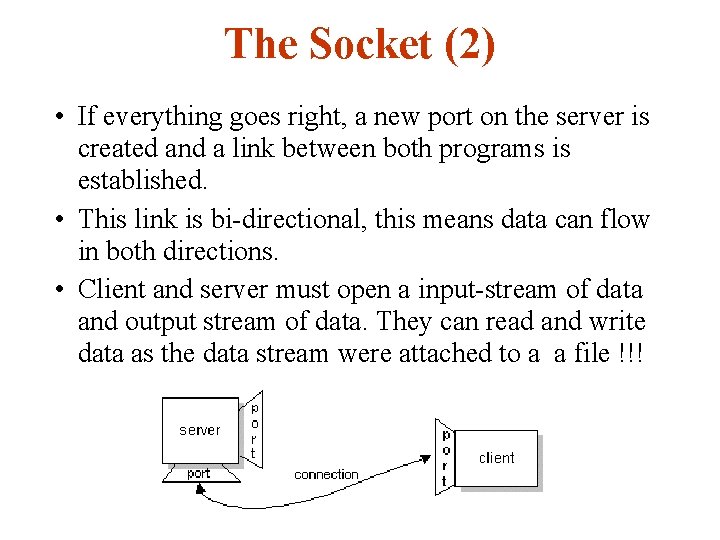 The Socket (2) • If everything goes right, a new port on the server