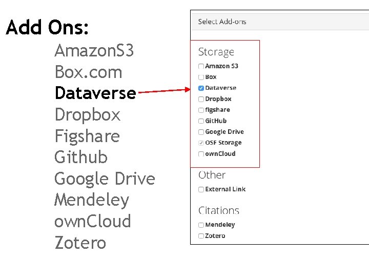 Add Ons: Amazon. S 3 Box. com Dataverse Dropbox Figshare Github Google Drive Mendeley