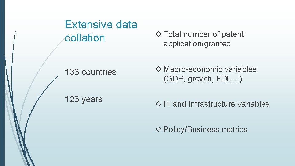 Extensive data collation 133 countries 123 years Total number of patent application/granted Macro-economic variables