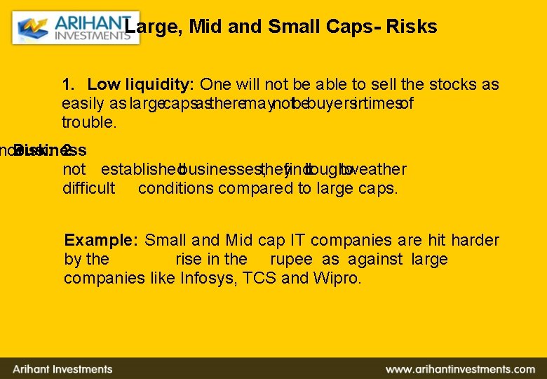 Large, Mid and Small Caps- Risks 1. Low liquidity: One will not be able