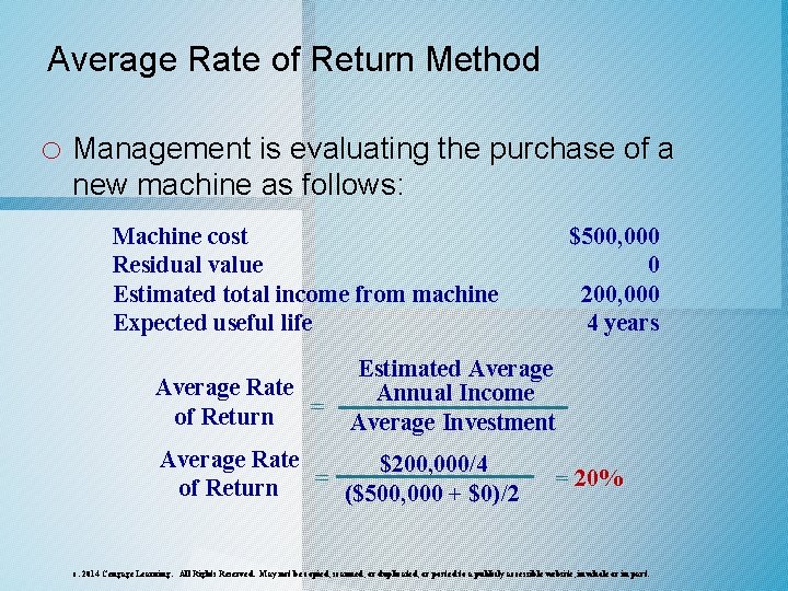 Average Rate of Return Method o Management is evaluating the purchase of a new