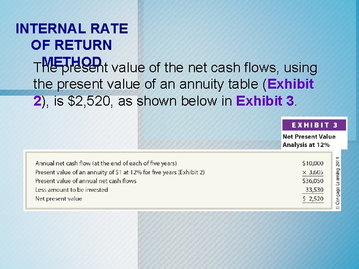 INTERNAL RATE OF RETURN METHOD The present value of the net cash flows, using