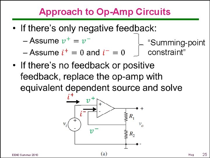 Approach to Op-Amp Circuits • “Summing-point constraint” EE 40 Summer 2010 Hug 25 