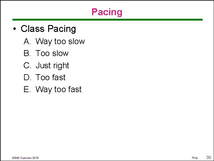 Pacing • Class Pacing A. B. C. D. E. Way too slow Too slow
