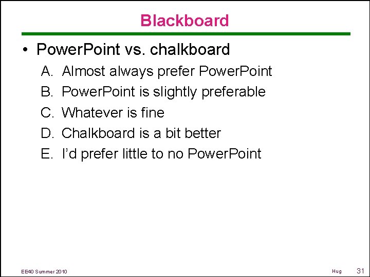 Blackboard • Power. Point vs. chalkboard A. B. C. D. E. Almost always prefer