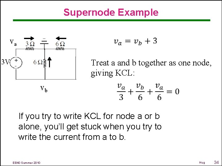 Supernode Example va 3 V Treat a and b together as one node, giving