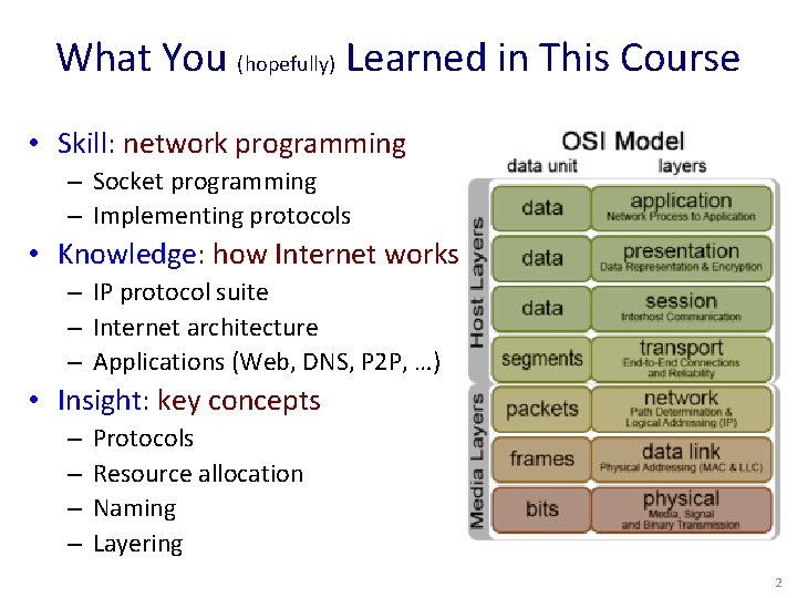 What You (hopefully) Learned in This Course • Skill: network programming – Socket programming