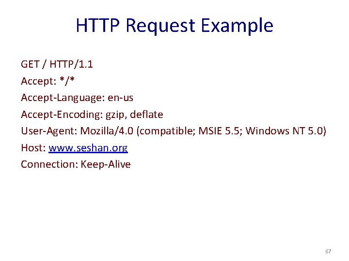HTTP Request Example GET / HTTP/1. 1 Accept: */* Accept-Language: en-us Accept-Encoding: gzip, deflate