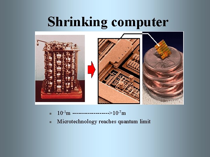 Shrinking computer n n 10 -1 m ---------->10 -7 m Microtechnology reaches quantum limit
