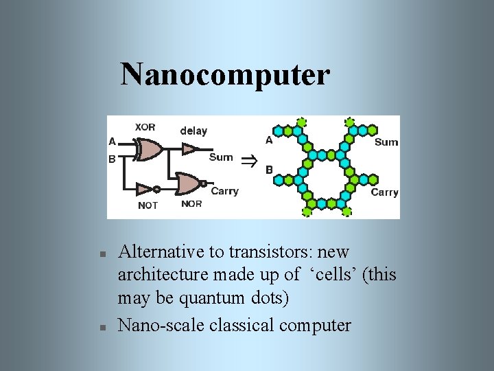Nanocomputer n n Alternative to transistors: new architecture made up of ‘cells’ (this may