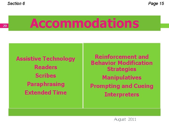Section 6 20 Page 15 Accommodations Assistive Technology Readers Scribes Paraphrasing Extended Time Reinforcement